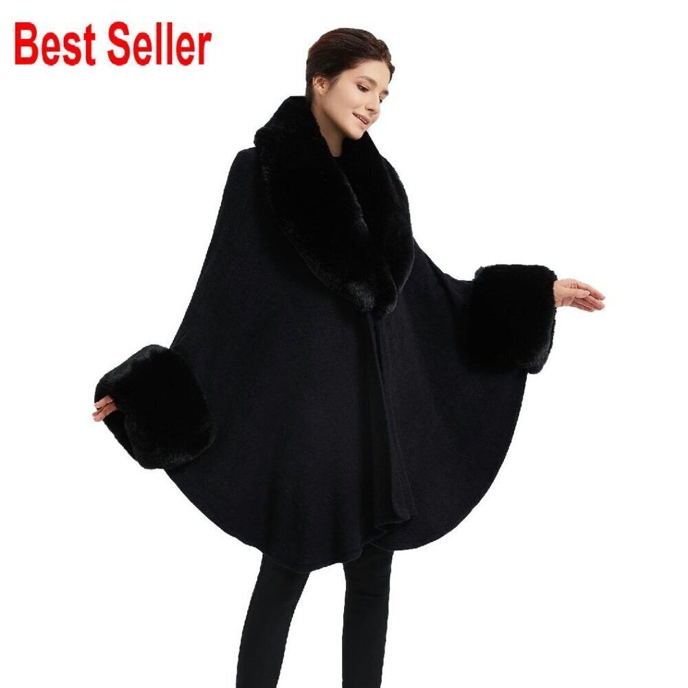 Faux Fur Trim Cape Poncho Elegant Winter Shawl Wrap Sleeveless Cardigan Cloak